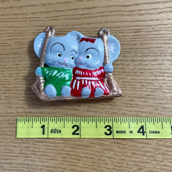 Vintage Ceramic Mouse Christmas Ornament 3.5” Handmade Mice Couple on a Swing - Picture 4 of 5